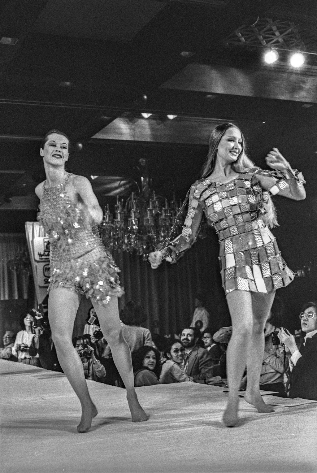 A Hong Kong fashion show in the late 70s featuring French fashion and including two of Paco Rabanne’s metallic minidresses. Photo: SCMP A Hong Kong fashion show in the late 70s featuring French fashion and including two of Paco Rabanne’s metallic minidresses. Photo: SCMP
