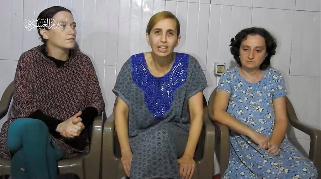 Israeli hostages identified as Yelena Trupanob, Daniel Aloni and Rimon Kirsht, in a video released by Hamas this week. Photo: dpa Israeli hostages identified as Yelena Trupanob, Daniel Aloni and Rimon Kirsht, in a video released by Hamas this week. Photo: dpa