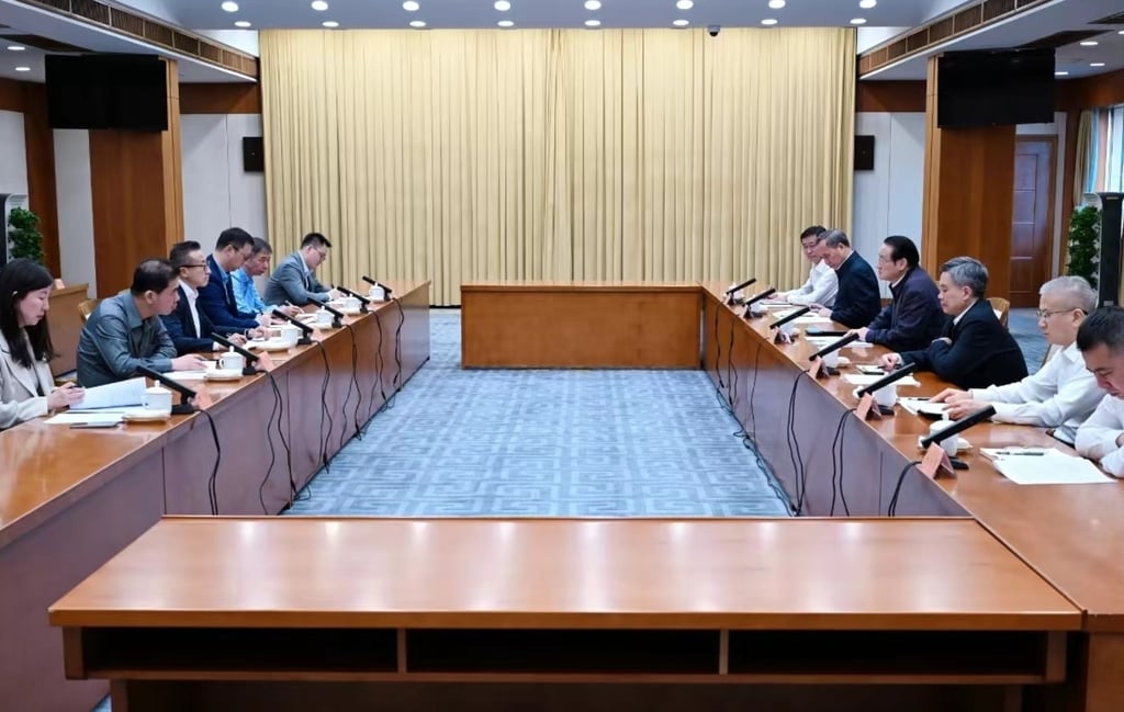 Alibaba Group Holding’s top management (left), led by chairman Joe Tsai and chief executive Eddie Wu Yongming, meets senior officials of eastern Zhejiang province at a symposium in Hangzhou on October 31, 2023. Photo: Handout