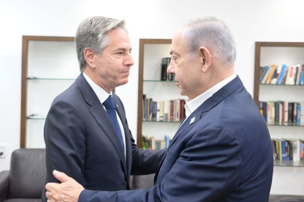 US Secretary of State Antony Blinken (left) met Friday with Israeli Prime Minister Benjamin Netanyahu as Israel pressed ahead with its offensive against Hamas in the Gaza Strip. Photo: Handout/Xinhua US Secretary of State Antony Blinken (left) met Friday with Israeli Prime Minister Benjamin Netanyahu as Israel pressed ahead with its offensive against Hamas in the Gaza Strip. Photo: Handout/Xinhua