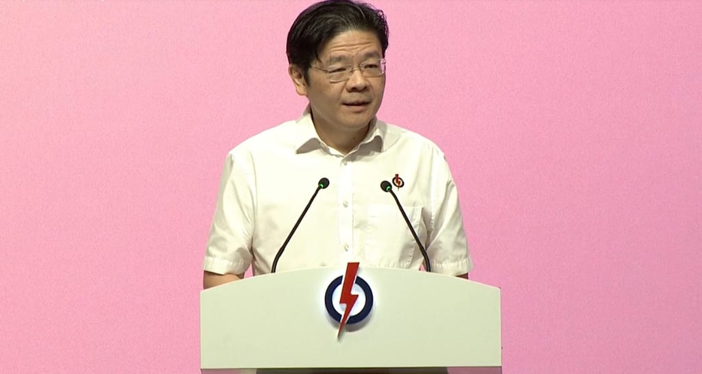 Deputy Prime Minister Lawrence Wong speaks at a PAP convention on Sunday. Photo: PAP/Facebook