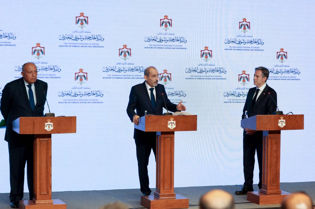 (From left) Egyptian Foreign Minister Sameh Shoukri, Jordan’s Foreign Minister Ayman Safadi and US Secretary of State Antony Blinken hold a joint press conference in Amman, Jordan on Saturday. Photo: EPA-EFE