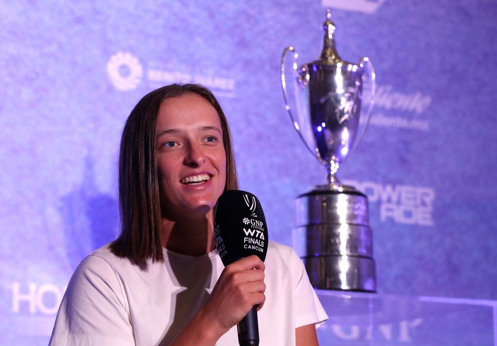 Iga Swiatek speaks at a press conference after winning her final against Jessica Pegula. Photo: Reuters