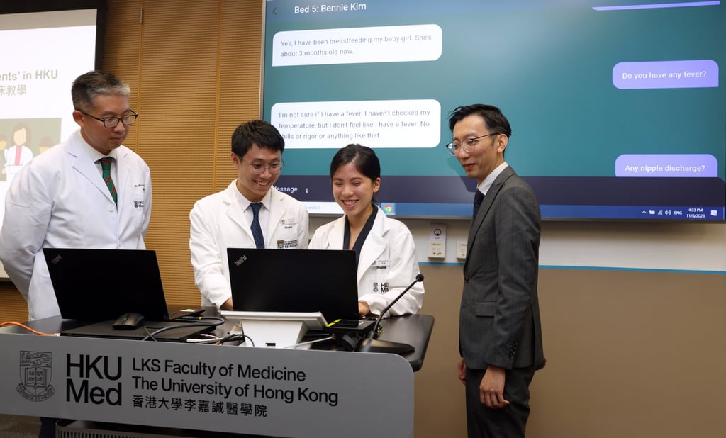 (From left) University of Hong Kong medical faculty’s Dr Michael Co, medical student Wynn Cheung, Jacky Wong and Dr John Yuen of the department of computer science demonstrate a new “virtual patient”. Photo: Yik Yeung-man (From left) University of Hong Kong medical faculty’s Dr Michael Co, medical student Wynn Cheung, Jacky Wong and Dr John Yuen of the department of computer science demonstrate a new “virtual patient”. Photo: Yik Yeung-man