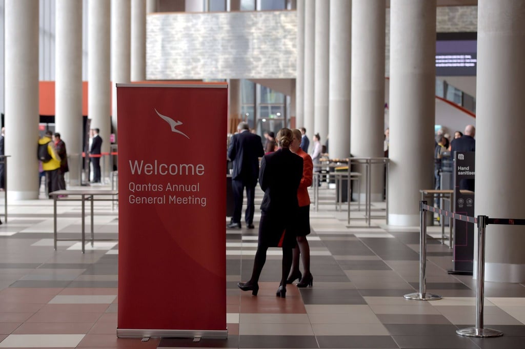 A welcome sign in the registration area for the Qantas Airways annual general meeting in Melbourne. Photo: Bloomberg A welcome sign in the registration area for the Qantas Airways annual general meeting in Melbourne. Photo: Bloomberg
