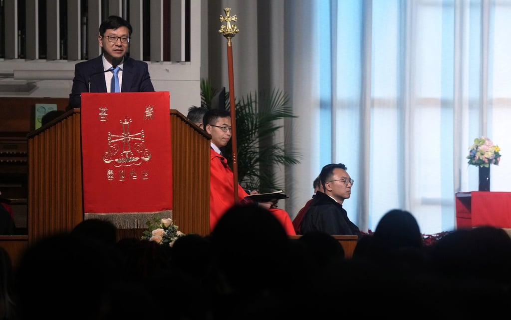 Secretary for Labour and Welfare Chris Sun speaks at the graduation ceremony. Photo: Elson LI Secretary for Labour and Welfare Chris Sun speaks at the graduation ceremony. Photo: Elson LI