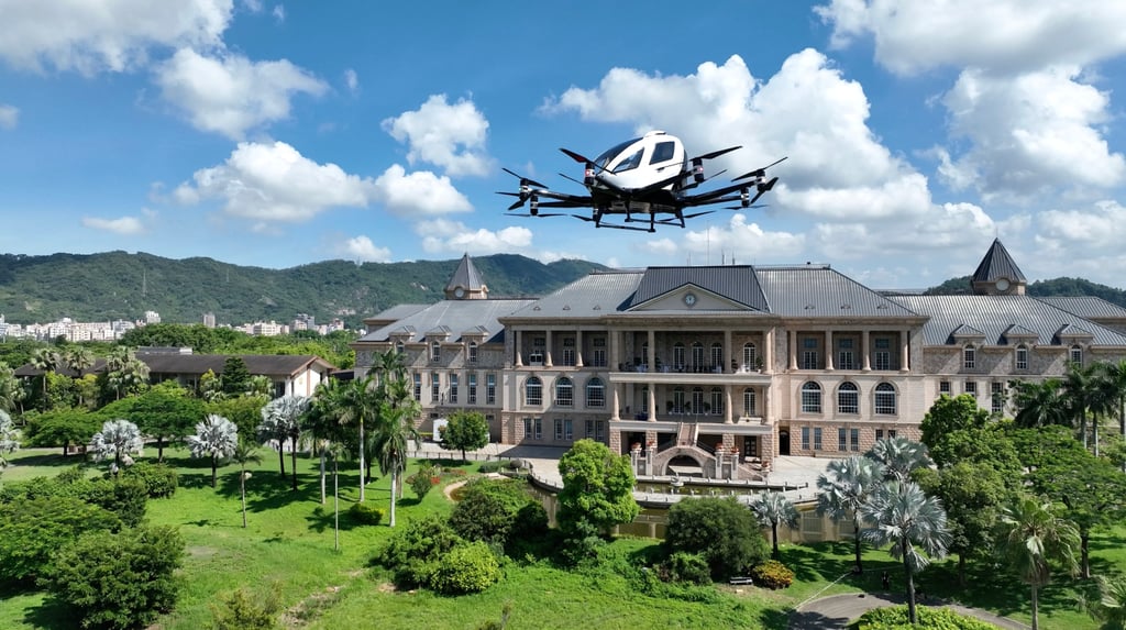 EHang conducts a demonstration flight of its model EH216-S autonomous aerial vehicle in the Bao’an district of tech hub Shenzhen, in southern Guangdong province, on July 13, 2023. Photo: Handout EHang conducts a demonstration flight of its model EH216-S autonomous aerial vehicle in the Bao’an district of tech hub Shenzhen, in southern Guangdong province, on July 13, 2023. Photo: Handout
