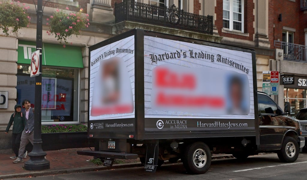 A ‘Harvard Hates Jews’ truck parked in Cambridge, Massachusetts on October 12. Photo: Boston Herald / TNS