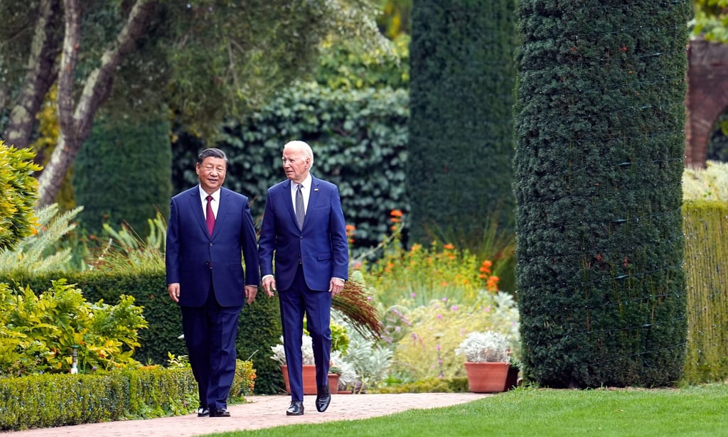 President Joe Biden and Chinese leader Xi Jinping walk in the gardens at the Filoli estate in Woodside, California, after their meeting. Photo: AP President Joe Biden and Chinese leader Xi Jinping walk in the gardens at the Filoli estate in Woodside, California, after their meeting. Photo: AP