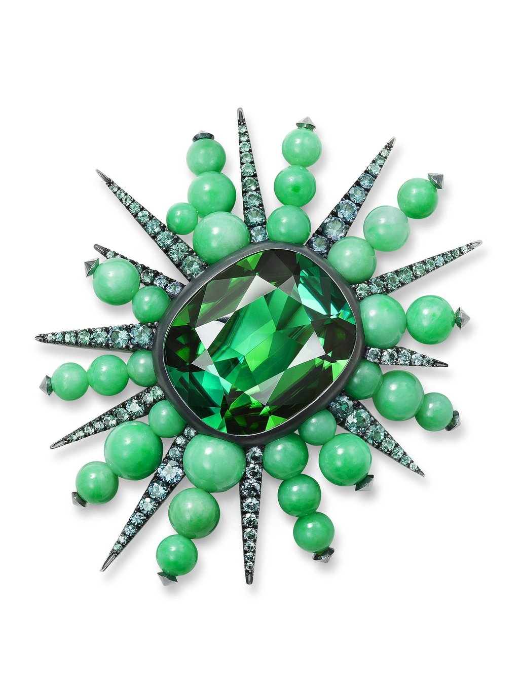 Hemmerle 32-carat green tourmaline, jade beads, colour changing garnets on silver and white gold