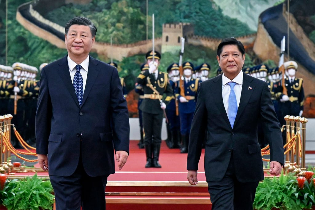 Visiting Philippine President Ferdinand Marcos Jnr (right) walks with Chinese President Xi Jinping after reviewing an honour guard during a welcome ceremony in Beijing on January 4. Photo: Xinhua via AP Visiting Philippine President Ferdinand Marcos Jnr (right) walks with Chinese President Xi Jinping after reviewing an honour guard during a welcome ceremony in Beijing on January 4. Photo: Xinhua via AP