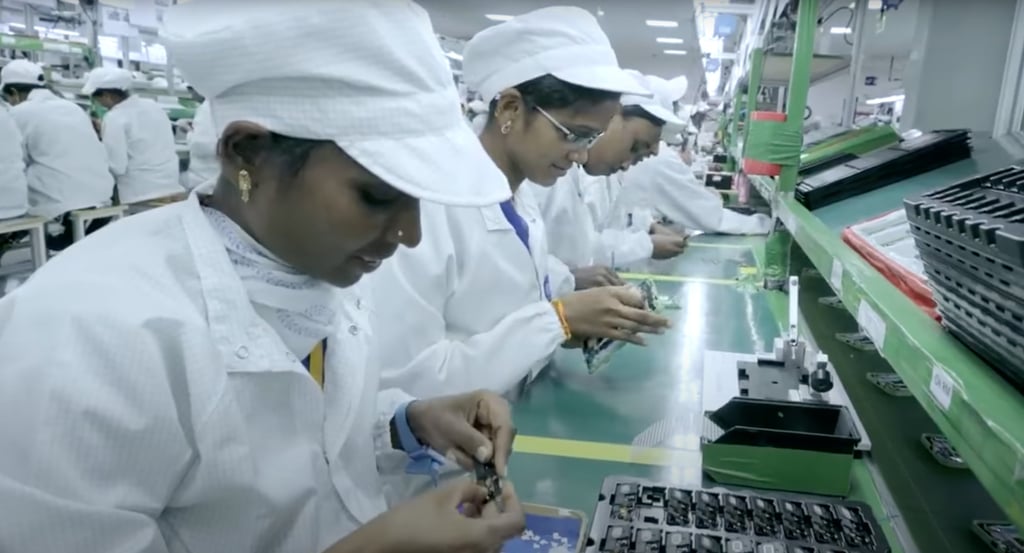 Workers are seen at an assembly line inside Foxconn Technology Group’s manufacturing complex in Sri City, a special economic zone located in Tirupati district in India’s southeastern state of Andhra Pradesh. Photo: YouTube Workers are seen at an assembly line inside Foxconn Technology Group’s manufacturing complex in Sri City, a special economic zone located in Tirupati district in India’s southeastern state of Andhra Pradesh. Photo: YouTube