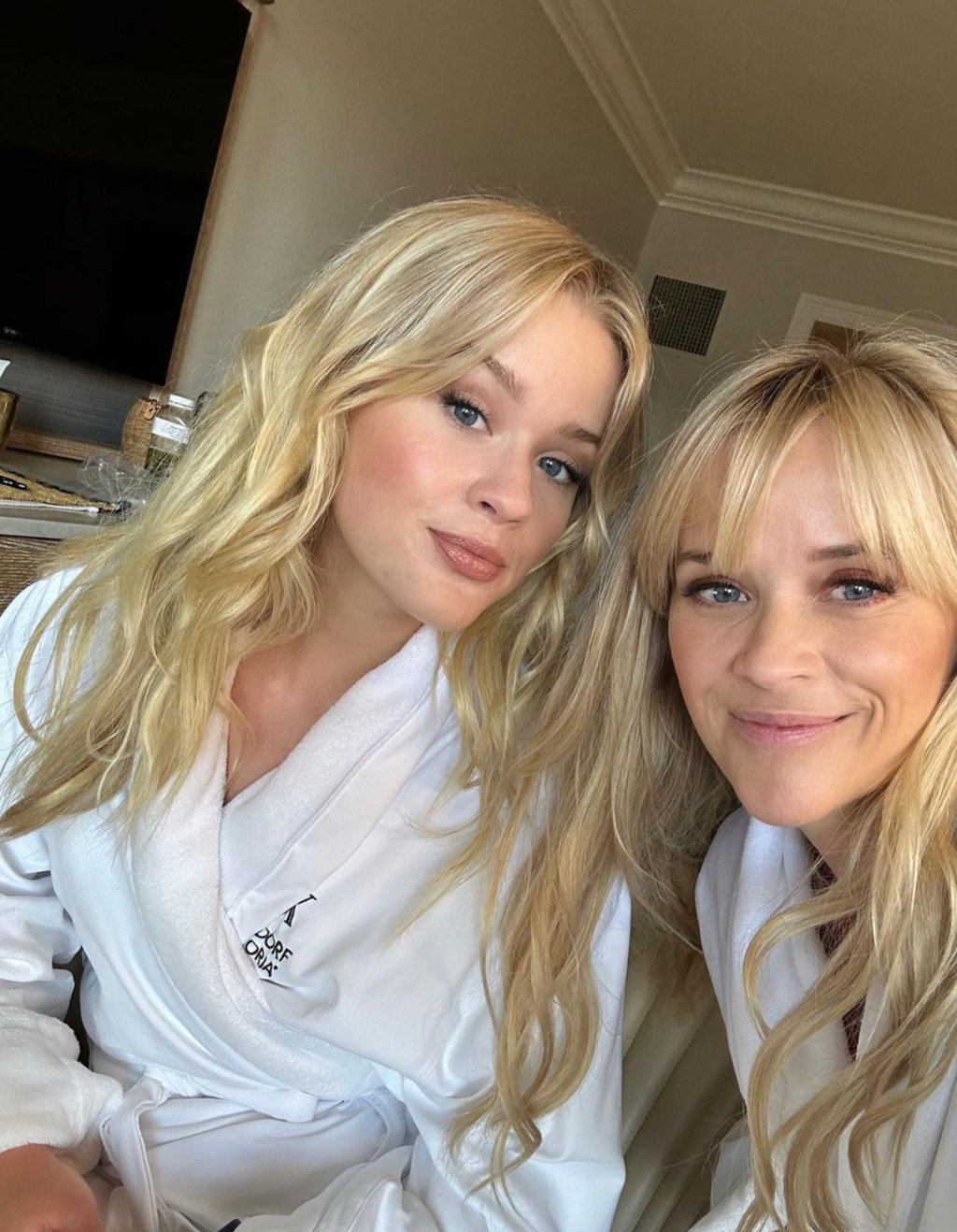 Reese Witherspoon and Ava Phillippe looking more like siblings in their Waldorf Astoria bathrobes. Photo: @reesewitherspoon/Instagram