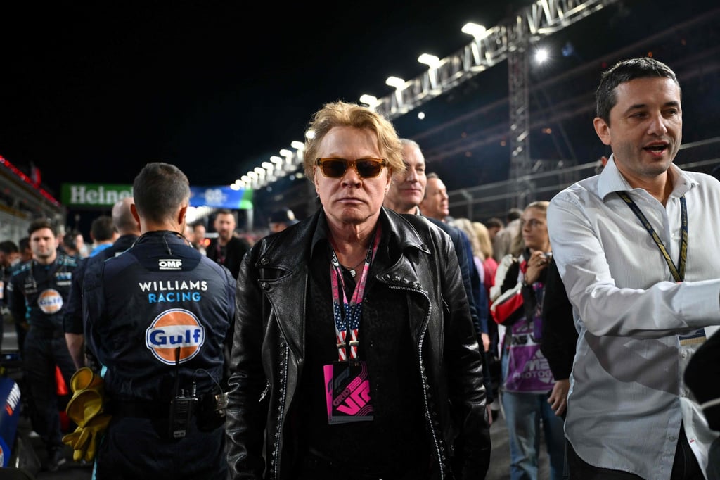 Singer Axl Rose tours the grid before the start of the Las Vegas Formula One Grand Prix in Las Vegas on Saturday. Photo: AFP Singer Axl Rose tours the grid before the start of the Las Vegas Formula One Grand Prix in Las Vegas on Saturday. Photo: AFP