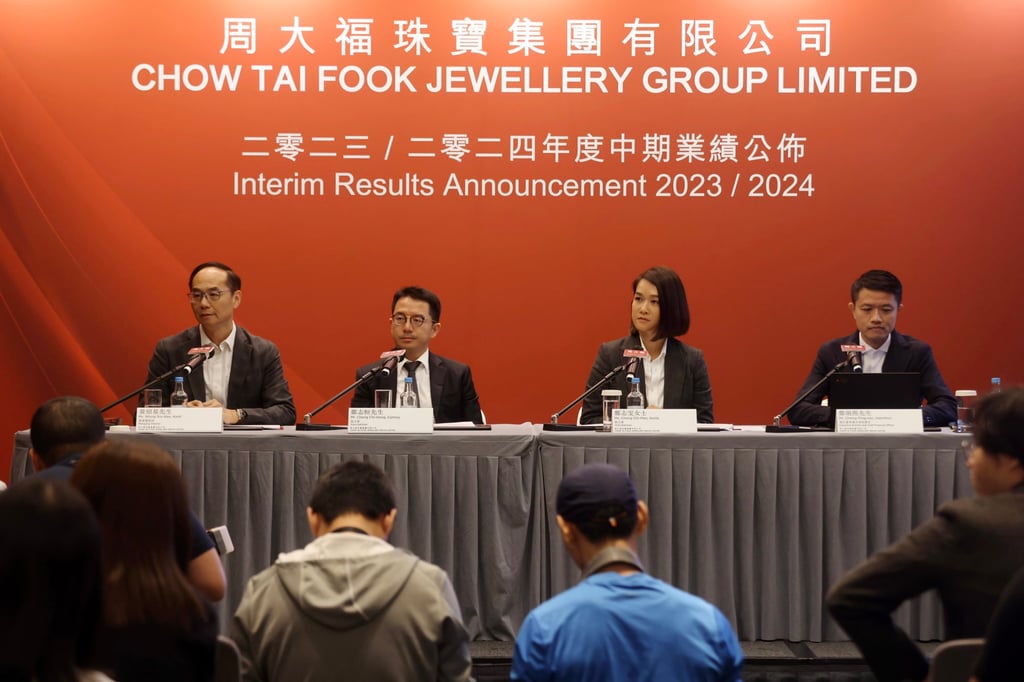 (From left) Chow Tai Fook managing director Kent Wong, vice-chairmen Conroy Cheng and Sonia Cheng, and executive director and CFO Hamilton Cheng, attend a press conference to announce the jewellery retailer’s interim results on Thursday. Photo: Jonathan Wong