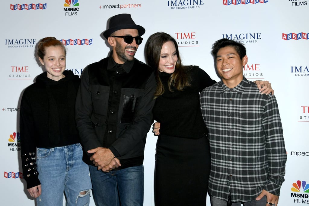 Shiloh Jolie-Pitt, street artist JR, actress Angelina Jolie and Pax Thien Jolie-Pitt in LA in 2021. Photo: Getty Images/AFP Shiloh Jolie-Pitt, street artist JR, actress Angelina Jolie and Pax Thien Jolie-Pitt in LA in 2021. Photo: Getty Images/AFP