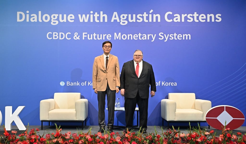 Bank of Korea governor Rhee Chang-yong, left, poses for a photo with general manager of the Bank for International Settlements Agustin Carstens, during a seminar on Thursday. Photo: EPA-EFE/Yonhap Bank of Korea governor Rhee Chang-yong, left, poses for a photo with general manager of the Bank for International Settlements Agustin Carstens, during a seminar on Thursday. Photo: EPA-EFE/Yonhap