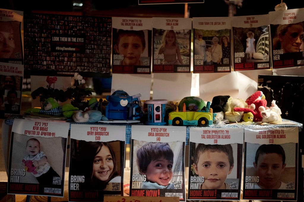 Posters of children held hostage by Hamas in Gaza, displayed in Tel Aviv, Israel. Photo: AP Posters of children held hostage by Hamas in Gaza, displayed in Tel Aviv, Israel. Photo: AP