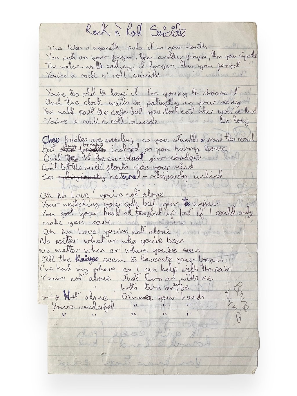 David Bowie’s handwritten lyrics for “Rock’n’Roll Suicide”. Photo: Omega Auctions