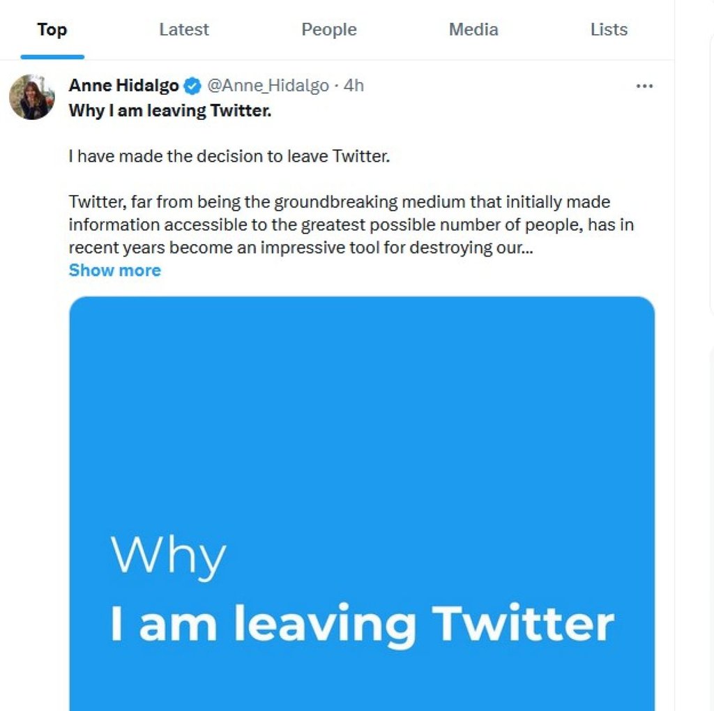 Screenshot of Anne Hidalgo’s tweet explaining why she is quitting the platform X. Photo: X