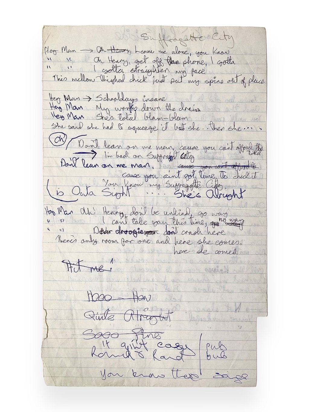 Bowie’s lyrics for “Suffragette City”. Photo: Omega Auctions