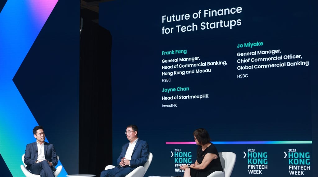 Frank Fang (centre), general manager and head of commercial banking, Hong Kong and Macau, HSBC, speaks about innovation banking at Hong Kong FinTech Week 2023. Photo: HSBC