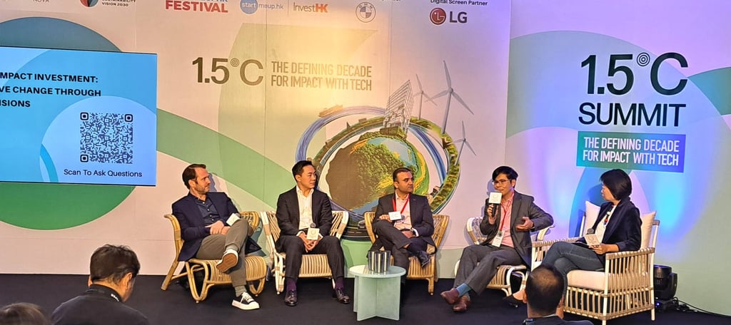 (From left) Alexander Bent, co-founder and managing partner, Undivided Ventures; Michael Chan, managing director, MTR Lab; Vikalp Sabhlok, director, Investment Origination, Asia-Pacific Region programme, NatureVest, The Nature Conservancy; and William Yuen, head of market intelligence, BlueOnion, join the panel discussion at “The 1.5°C Summit – The Defining Decade for Impact with Tech”.