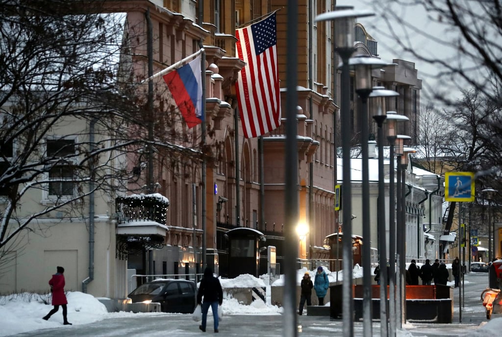 A Russian flag flies next to the US embassy building in Moscow in January 2019. Photo: EPA-EFE A Russian flag flies next to the US embassy building in Moscow in January 2019. Photo: EPA-EFE