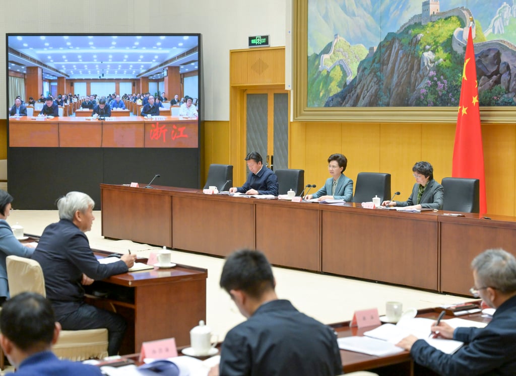 State Councillor Shen Yiqin (centre) addresses a national teleconference on clearing wage arrears for migrant workers, in Beijing on Thursday. Photo: Xinhua