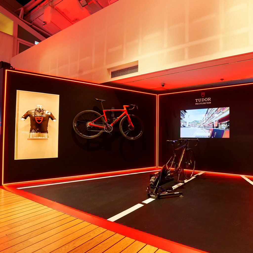 Visitors got to put themselves in the shoes of the Tudor Pro Cycling Team at the Pro Cycling area of the Tudor Manufacture Exhibition: A New Era of Watchmaking