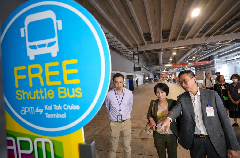 Secretary for Culture, Sports and Tourism Kevin Yeung (right) visits the Kai Tak Cruise Terminal on August 9, when a free shuttle bus service was launched amid a transport crunch. The service was, however, cancelled at the end of the month. Photo: Sam Tsang