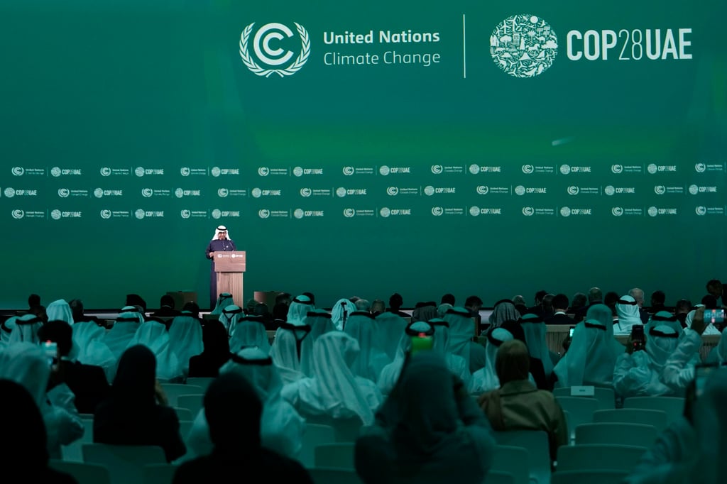 Sheikh Mohammed bin Zayed Al Nahyan, the president of the United Arab Emirates and the ruler of Abu Dhabi, speaks at an opening ceremony at the Cop28 UN Climate Summit, Friday, Dec. 1, 2023, in Dubai, United Arab Emirates. Photo: AP