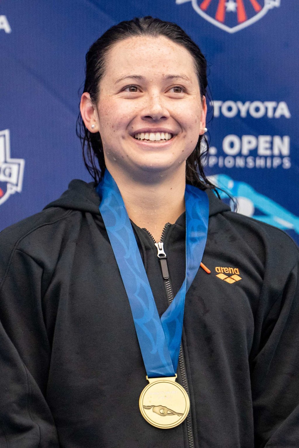 Siobhan Haughey receives her gold medal after victory at Greensboro Aquatic Centre. Photo: Getty Images via AFP