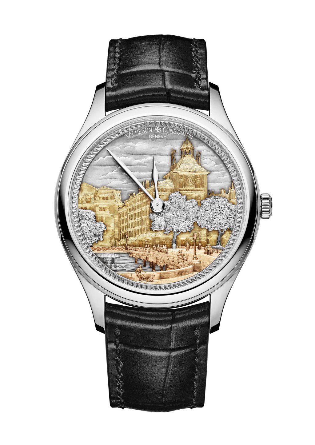 This piece from Vacheron Constantin’s Les Cabinotiers – Memorable Places edition portrays the prominent Château de L’Île in Geneva