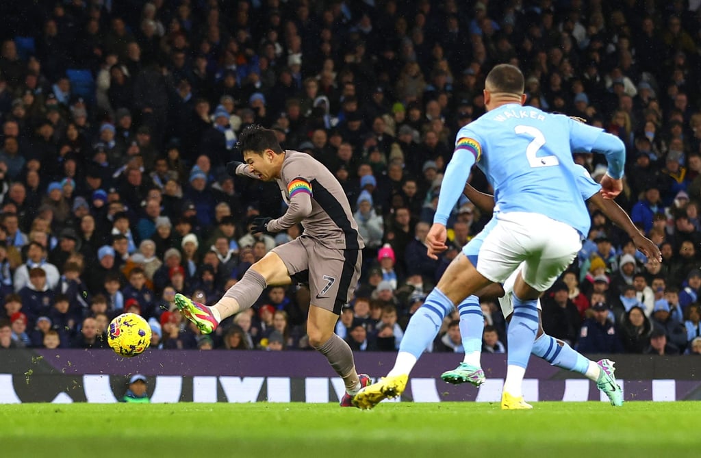 Tottenham Hotspur’s Son Heung-min scores the first goal against Manchester City on Sunday. Photo: Reuters Tottenham Hotspur’s Son Heung-min scores the first goal against Manchester City on Sunday. Photo: Reuters