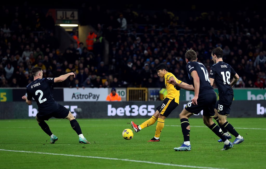 Hwang Hee-chan finds the net at Molineux after Burnley gave the ball away deep in their half. Photo: dpa Hwang Hee-chan finds the net at Molineux after Burnley gave the ball away deep in their half. Photo: dpa