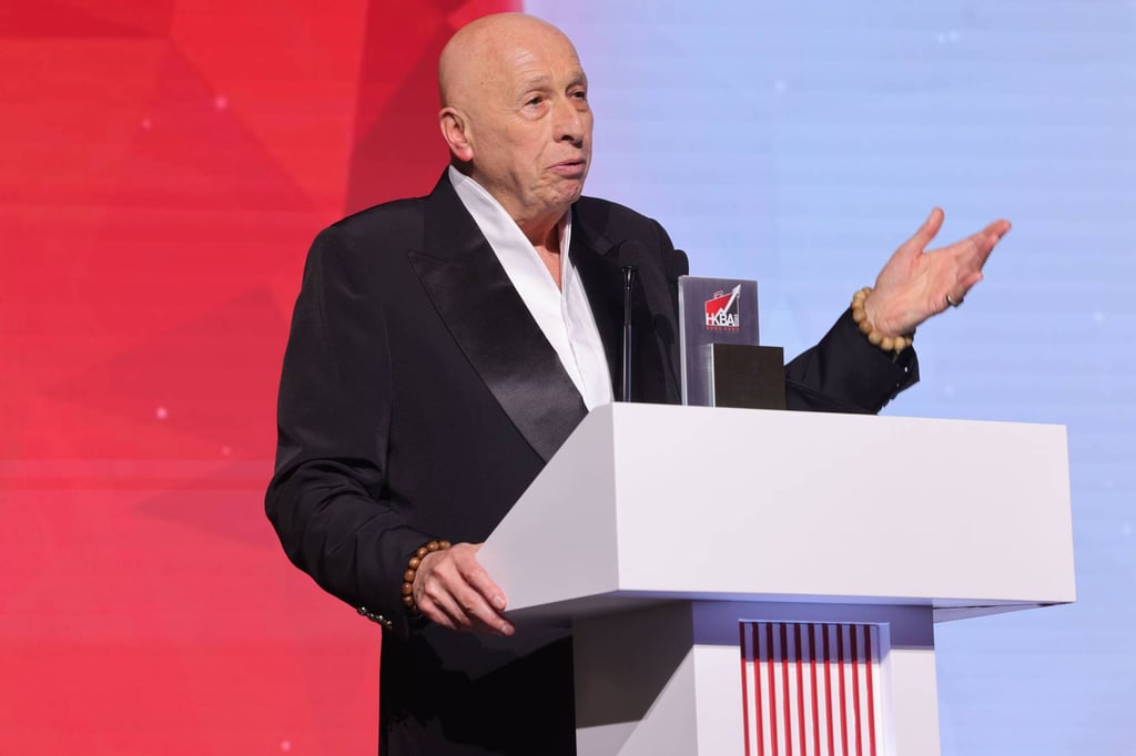 Allan Zeman, recipient of the 2023 Lifetime Achievement Award, spoke at the annual gala dinner of the DHL-SCMP Hong Kong Business Awards on Thursday. Photo: May Tse.