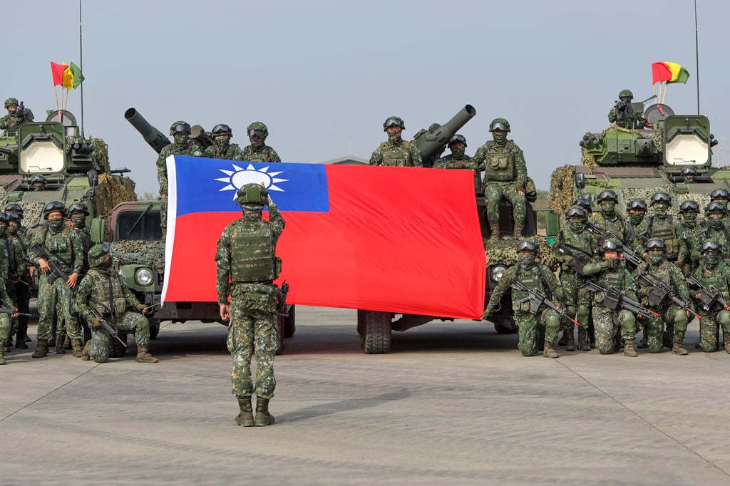Taiwan soldiers posing after a preparedness enhancement drill in Kaohsiung City. Photo: AP