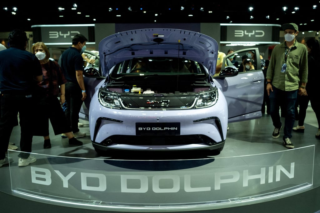 Visitors view a BYD Dolphin EV car at the 44th Bangkok International Motor Show in Bangkok, Thailand, March 23, 2023. Photo: Reuters
