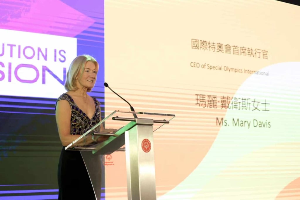 Mary Davis, CEO of the Special Olympics, speaks at the Hong Kong gala. Photo: Handout Mary Davis, CEO of the Special Olympics, speaks at the Hong Kong gala. Photo: Handout