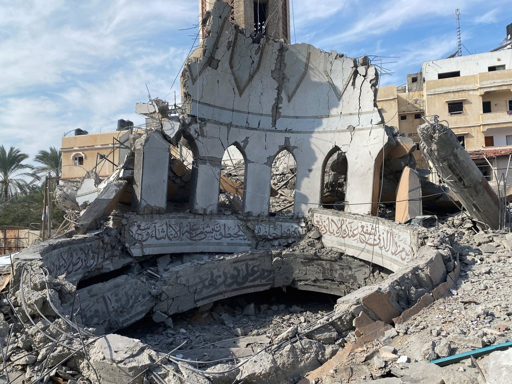 The remains of a mosque destroyed by Israeli strikes are seen in the central Gaza Strip on Friday. Photo: Reuters The remains of a mosque destroyed by Israeli strikes are seen in the central Gaza Strip on Friday. Photo: Reuters