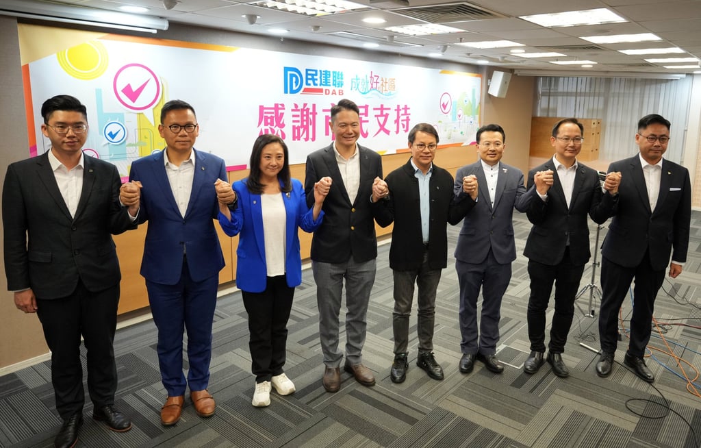 Members of the Democratic Alliance for the Betterment and Progress of Hong Kong meet the media on Monday. The party holds 31.2 per cent of the 470 seats. Photo: Sam Tsang