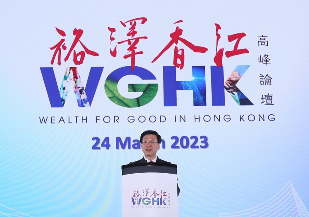 Hong Kong Chief Executive John Lee speaking at the principal dinner of the Wealth for Good in Hong Kong Summit. Hong Kong Chief Executive John Lee speaking at the principal dinner of the Wealth for Good in Hong Kong Summit.