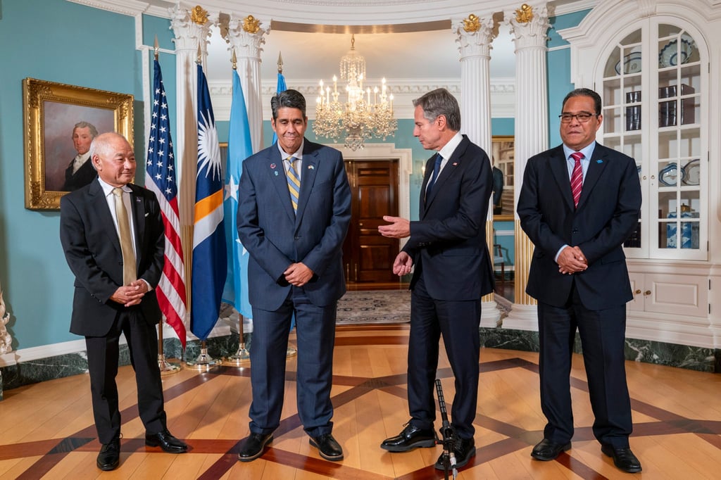 US Secretary of State Antony Blinken (centre right) meets with (from left) Republic of the Marshall Islands Foreign Affairs and Trade Minister Jack Ading, Palau President Surangel Whipps Jnr and Federated States of Micronesia President Wesley Simina on September 26 at the State Department in Washington. Photo: AP