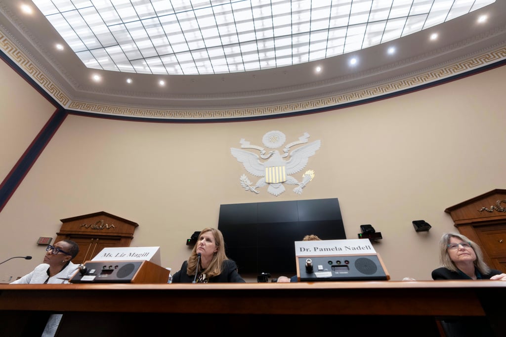 Harvard President Claudine Gay, left, University of Pennsylvania President Liz Magill, and Massachusetts Institute of Technology (MIT) President Sally Kornbluth at last week’s hearing. Photo: AP