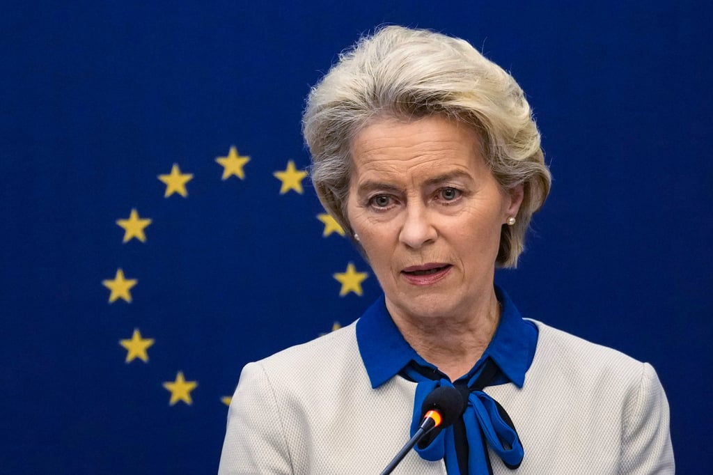 European Commission President Ursula von der Leyen attends a press conference following talks with Chinese President Xi Jinping in Beijing earlier this month. Photo: Kyodo
