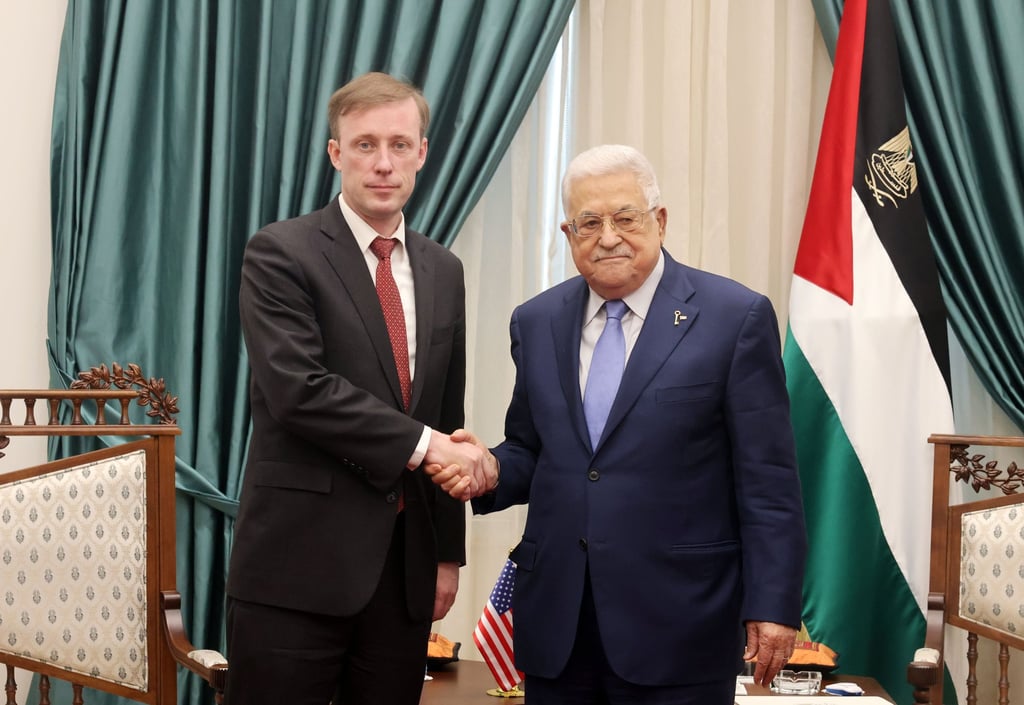 Palestinian President Mahmoud Abbas (right) meets US National Security Adviser Jake Sullivan during his visit to the West Bank city of Ramallah, to discuss the besieged enclave’s post-war future. Photo: EPA-EFE