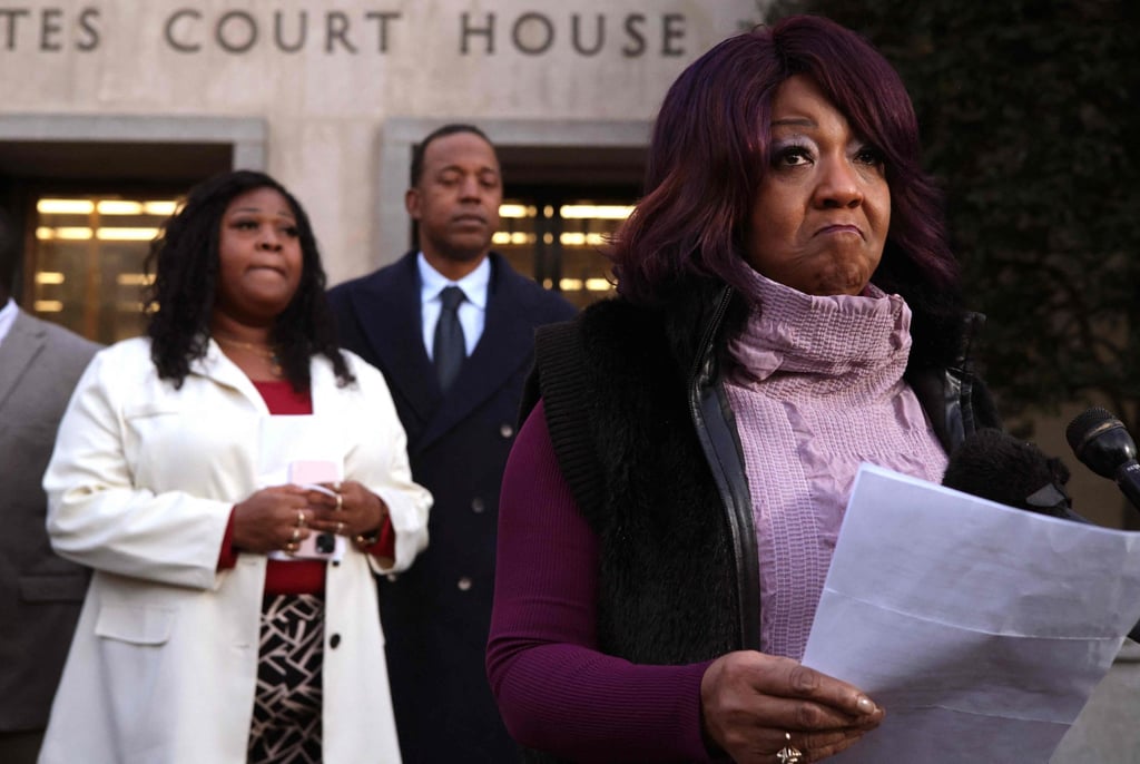 Georgia election workers Ruby Freeman (right) and her daughter Shaye Moss (left) speak outside court in Washington on Friday. Photo: AFP