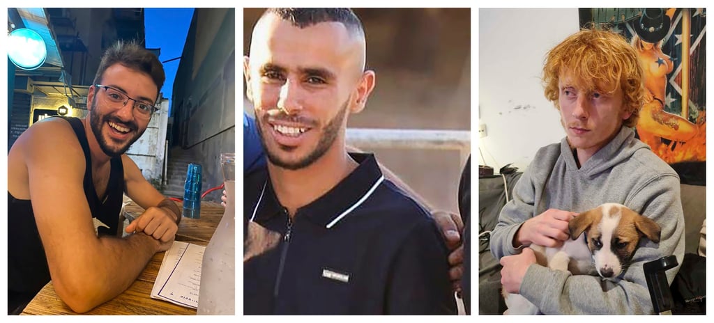 (From left) Alon Shamriz, Samer Al-Talalka and Yotam Haim, who were abducted from kibbutzim in southern Israel near the Gaza border on October 7. Israeli troops mistakenly shot the three hostages to death on Friday. Photo: AP (From left) Alon Shamriz, Samer Al-Talalka and Yotam Haim, who were abducted from kibbutzim in southern Israel near the Gaza border on October 7. Israeli troops mistakenly shot the three hostages to death on Friday. Photo: AP