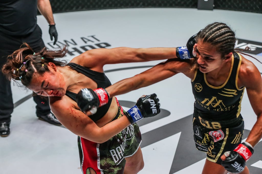 Anissa Meksen lands a right hand on Dangkongfah Banchamek during their fight at Prime Video 2 in October last year. Photo: ONE Championship